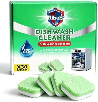 Ribub Dishwasher Cleaner Tablets, 30 Pack, Helps Reduce Limescale, Grease & Odors, Supports Hard Water Buildup, for Dishwasher Spray Arms, Filters & Drains, Tea Tree Oil