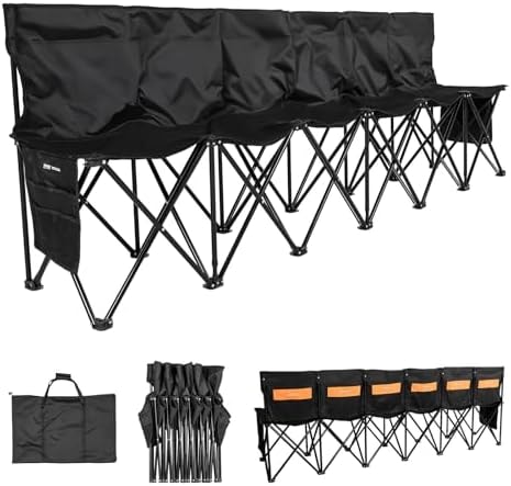 VEVOR Portable Folding Bench, 6 Seat Soccer Bench with Multiple Storage Pockets & Carrying Bag, Lightweight Sideline Seating with Back Rest for Football, Baseball, Camping, Outdoor Events, Black