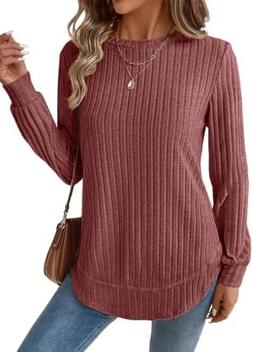 Long Sleeve Tunic Tops for Women Lightweight Crewneck Sweaters Caramel M