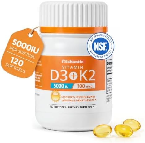 Frishantic Vitamin D3 K2 5000IU, Bone & Immune Support, 120 Softgels