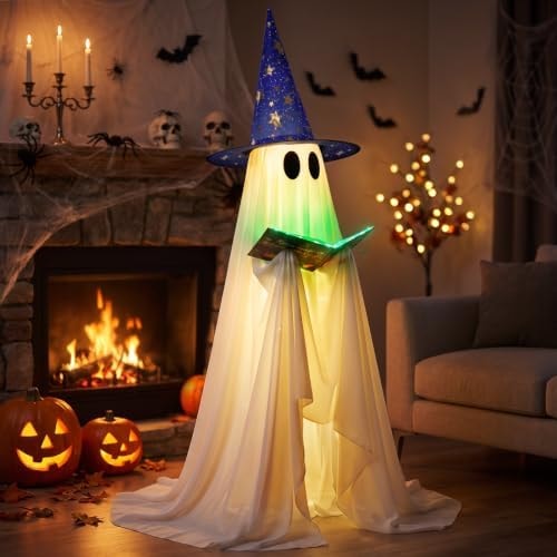 Halloween Ghost Decoration,53 inch,with Witch Hat and Book,8 Lighting Modes