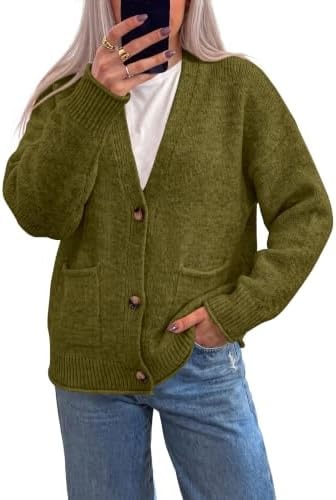 dowerme Women's Casual Button Down Chunky Cropped Cardigan,Army Green,S