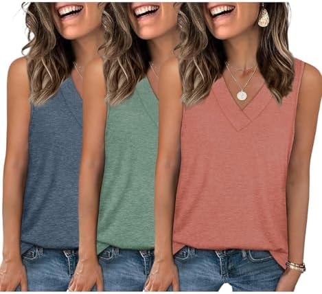 EyMuse 3 Pack Tshirts Shirts for Women Summer V Neck Tank Top Loose Fit True Classic Tees Cute Sleeveless Vacation Outfits Blouses ComfortableTrendy Clothes, Navy+Green+Pink, XXL
