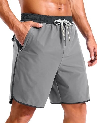 Mens 7" Swim Trunks with Compression Liner Bathing Suit LightGrey,XL