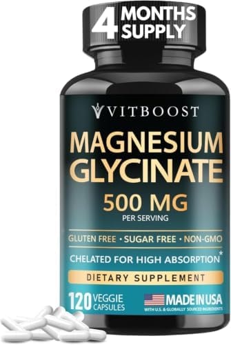 VITBOOST Magnesium Glycinate 500mg - High Absorption Chelated Supplement - Non-GMO, Vegan - 120 Natural Veggie Capsules - Made in USA