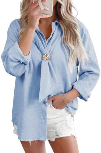 Astylish Women's Casual Bowknot V Neck Dressy Shirts 2026 Spring Summer Button Down Tops Loose Long Sleeve Elegant Blouses Top Beau Blue XX-Large