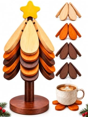 Christmas Tree Coasters Set of 5 with Stand Wooden Trivets for Hot Dishes, Foldable Heat-Resistant Trivet Set for Hot Pots, Pans, Kitchen Table Countertop Protector, Christmas Kitchen Home Decor Gift