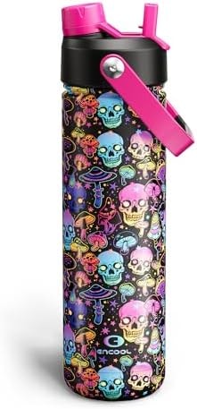 ENCOOL Insulated Water Bottle with Straw Stainless Steel Water Bottle, Leak-Proof, BPA-Free, Double Wall Vacuum Keeps Cold for 24 Hours for Sports, Travel, School (26 oz, Trippy Skulls)