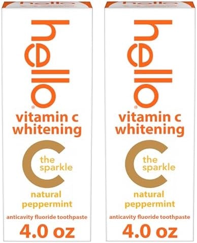 Hello Vitamin C Whitening Toothpaste with Fluoride, Whitening SLS Free Toothpaste Pack, Up to 2 Shades Whiter Teeth, No Peroxide, Safe for Everyday Use, Natural Peppermint, 2 Pack, 4.0 Oz Tubes