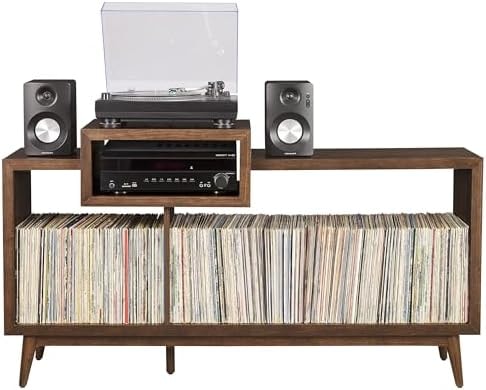 Crosley Furniture Nashville Mid Century Modern Console Record Player Stand, Stores Up to 280 Vinyl Records, Large, Brown