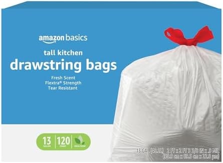 Amazon Basics Flextra Strength Tall Kitchen Drawstring Trash Bags, Fresh Scent, Tear Resistant, 13 Gallon, 120 Count