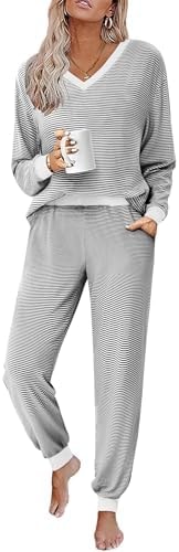 Two Piece Lounge Sets Long Sleeve Striped Pajamas V Neck Outfits Black XXL