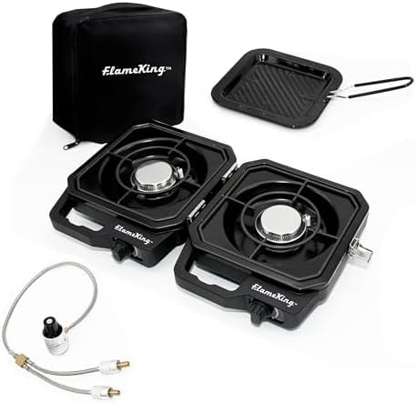Flame King Campact Cooker™, Dual Burner Propane Camping Stove with Detachable Grill, Portable Foldable Cooking Stove 12,000 BTU, for Camping, Patio, Emergency, Hiking (Black)
