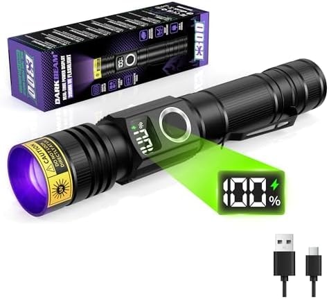 DARKBEAM Flashlight UV Black Light 395nm, LCD Digital Display Super Bright LED Ultraviolet Light with Clip/Zoomable USB-C Rechargeable Woods Lamp for Pet Urine Detection, Resin Curing, Scorpion