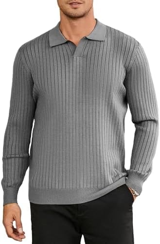 Hardaddy Men's Ribbed Knit Sweater Casual Long Sleeve Polo Sweater Collared V Neck Polo Shirts Solid Pullover Tops Gray L