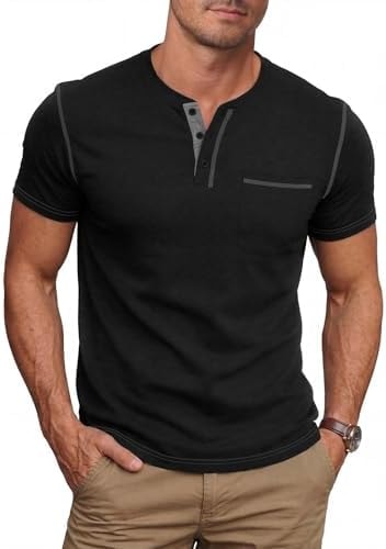 NITAGUT Mens Henley Shirts Short Sleeve Cotton Casual T-Shirts, Black