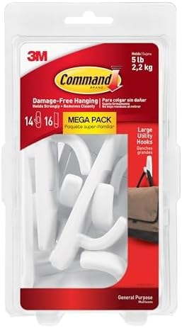 Command 5 lb Large Utility Hooks, 14 Hooks and 16 Strips, Damage-Free Hanging Wall Hook with Adhesive Strips, No Tools Required, Great for Home Kitchen Office Organization