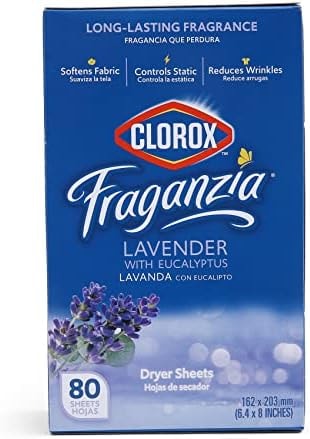 Clorox Fraganzia Fabric Softener Dryer Sheets Wrinkle Reducing Anti Static Laundry Dryer Sheets Great Smelling Clothes Softens Fabrics Lavender with Eucalyptus Scent 80 Count Home Dorm Laundry Room