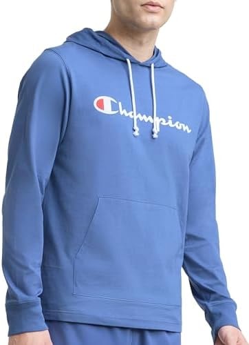 Champion Men's Pullover Jersey T-Shirt Hoodie, Standard Fit, Midweight, Script Logo, Coastal Fjord - Classic Script Logo, Small