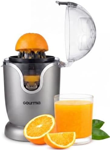Gourmia Citrus Juicer - Automatic Juicer with 17 oz Capacity, One-Touch Operation, Universal Cone, Anti-Drip Spout, Dishwasher-Safe Accessories, Compact Quiet 60W Motor