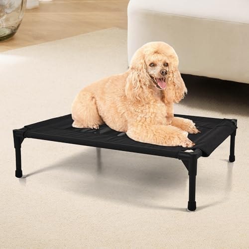 Raised Dog Bed Cooling Cot for Indoor Outdoor Use Portable Waterproof Mesh Pet Bed Washable for Large Medium Small Dogs, Black
