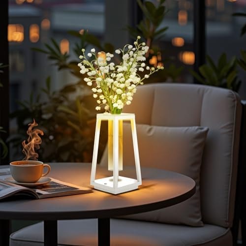 LAVAED Cordless LED Touch Table Lamp,Rechargeable Desk Lamp 4000mAh, 3 Colors Stepless Dimmable Battery Operated Portable Lamp Waterproof Trapezoidal Vase Lamps for Bedroom Decor, Living Room(White)