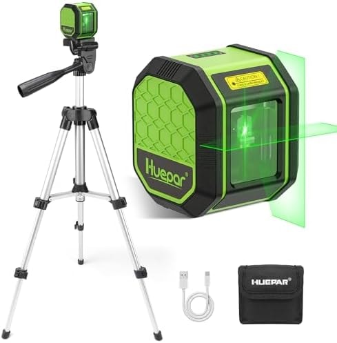 Laser Level with 25.6in Tripod, Fathers Day Dad Gifts, Huepar 100Ft Self Leveling Laser Level Rechargeable Green Cross Line Laser Leveler Tool for Picture Hanging, Tile, Home Renovation, Carry Bag