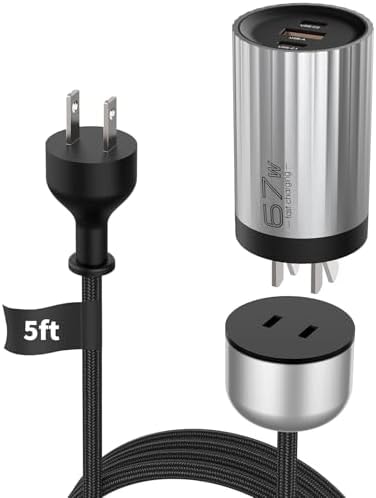 Mukiya 67W 3-Port GaN Fast Wall Charger Block with 2 USB-C & 1 USB-A Ports, Detachable Outlet with 5ft Nylon Extension Cord, Fast Charging for iPhone, Samsung, iPad, MacBook, Android