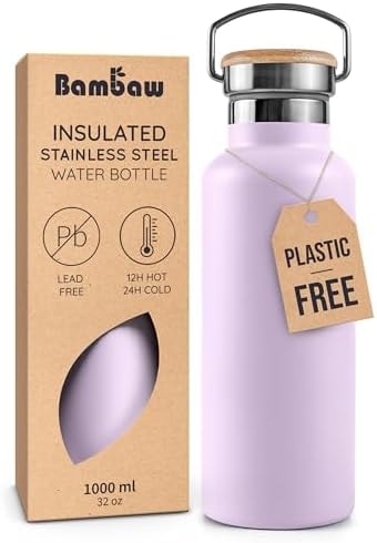 Bambaw Insulated Water Bottle 32 oz, Leak-Proof Water Bottle Stainless Steel, Keeps Drinks Cold for 24h Cold and Hot for 12h, With a Wide Mouth for Easy Cleaning & To Fit a Tea Infuser (Lavender Haze)