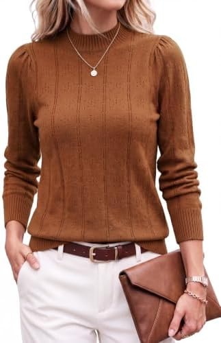 Okiwam Womens Fall Long Sleeve Mock Neck Lightweight Sweater,Caramel,S