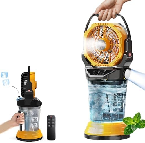 2026 New Portable Misting Fan with 30000mAh Rechargeable Battery, 120° Auto Oscillating Battery Powered Fan, 4 Speeds Spray Fan with LED Battery Indicator for Camping, Patio, Outdoor, Travel (yellow)