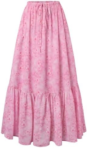 Scarlet Darkness Floral Maxi Skirts for Women 2026 Summer Flowy Ruffle Long Skirt with Pokets Pink L