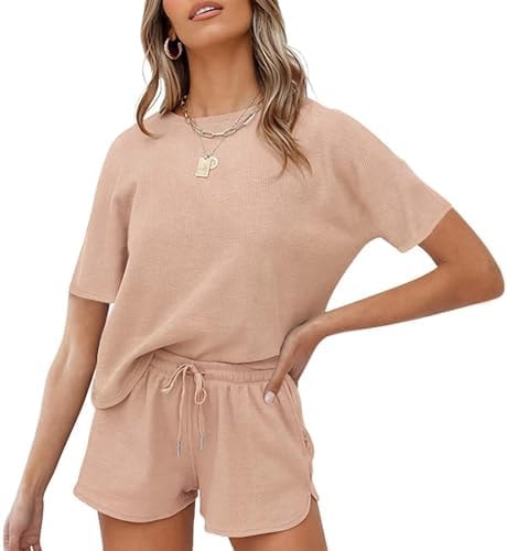 MEROKEETY Women's Waffle Pajama Sets 2 Piece Lounge Outfits, ShortBeige, S