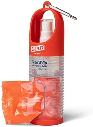Glad for Pets Clean and Go Waste Bag Dispenser with Antibacterial Aloe Hand Sanitizer Spray, Leash-Attachable Poop Bag Holder with 15 Bags and Mini Sanitizer, Tropical Breeze Scent