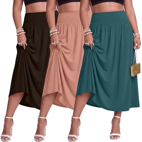Ficerd 3 Pack Women Plus Size Maxi Skirts, 3-Color, 5X-Large