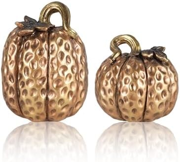 GoGnome Gold Resin Pumpkin Figurines Set of 2 – Textured Fall Harvest Decorations for Table Centerpiece Thanksgiving Décor, Autumn Home Accents (Gold)