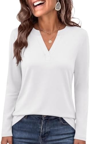 ANRABESS Womens Long Sleeve Shirts V Neck Business Casual Work Tunic Tops Basic Tees 2026 Fall Outfits White Large