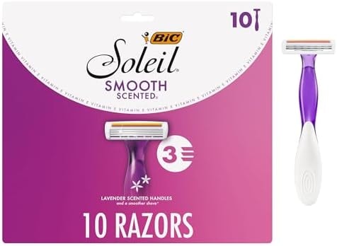 BIC Soleil 3 Scented Women's Disposable 3-Blade Razors, Lavender Scent, Vitamin E Strip, College Dorm Room Essential, Shower Caddy and Toiletry Bag Ready, 10-Pack