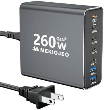 Aluminum Alloy 260W USB C Charger GaN Fast USB C Charging Station 7 Ports 65W Laptop Charger for MacBook Pro/Air/iPad Pro/iPhone (Gray)