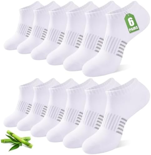 Ankle Socks for Women, 6/12 Pairs Bamboo Viscose Breathable Cushioned Moisture Wicking Athletic Running Casual Low Cut Socks, White 8-11