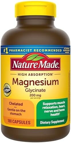 Nature Made Magnesium Glycinate 200 mg per serving, Magnesium Supplement for Muscle, Heart, Nerve and Bone Support, 180 Magnesium Bisglycinate Capsules, 90 Day Supply