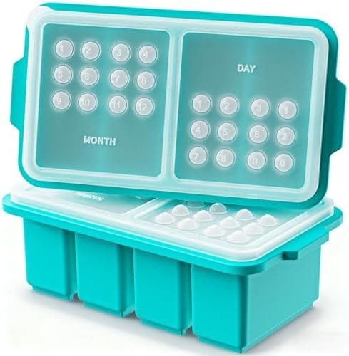EuChoiz 2 Pack Silicone Freezer Tray Cubes 1 Cup with Date Mark Lids for Freezing Food Leftovers Sauces Portion and Lasagna Broth, Soup Freezer Molds for Meal Prepping Thick Enough