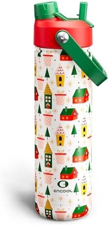 ENCOOL Christmas Insulated Water Bottle with Straw, Stainless Steel Water Bottle, Leak Proof BPA-Free, Keeps Cold for 24 Hours for Sports, Christmas Holiday Gifts for Women, 26 oz, Bright Holiday
