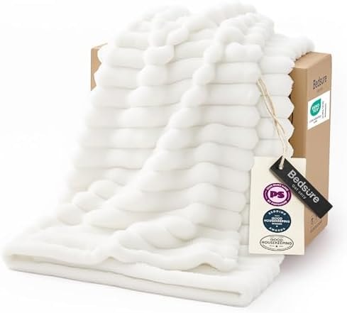 Bedsure GentleSoft White Throw Blanket for Couch - Birthday Gifts for Women Mom Her Girls, Cozy Fleece Blanket for Sofa Bed, Living Room Home Bedroom Decor Dorm Essentials, Off White, 50x60 Inches