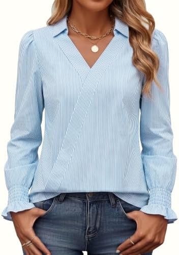 Funlingo Long Sleeve Collared Shirts for Women Office Business Casual Tops