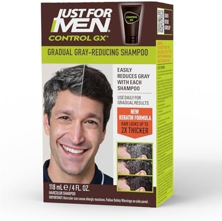 Just for Men Control GX Grey Reducing Shampoo, Gradual Hair Color with Keratin for Stronger Thicker and Healthier Looking Hair, 4 Fl Oz - Pack of 1