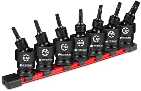 Pgroup 7PCS 3/8" Drive Universal Swivel Impact Torx Socket Set, T20-T50, CR-MO Wobble Star Sockets With Hanging Bracket for Dead Angles, Auto Repair, Mechanical Maintenance