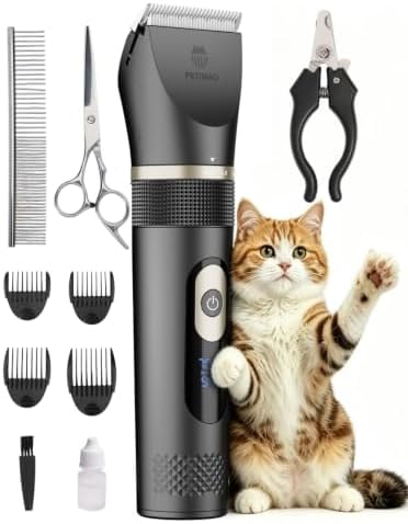 PETIMAO Cat Grooming Kit, 5-Speed Cat Clippers with 15% More Power, Cordless Cat Shaver for Matted Hair, 10 Length Settings, Quiet Pet Trimmer for Cats with LCD Display & Nail Clipper