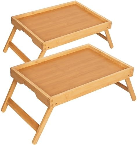 Lorveina 2 Pack Bamboo Bed Tray Tables with Folding Legs, Medium, Natural