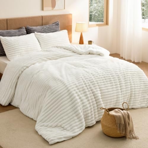 Bedsure Fluffy Comforter Set Queen Size, Cream White, 3 Piece